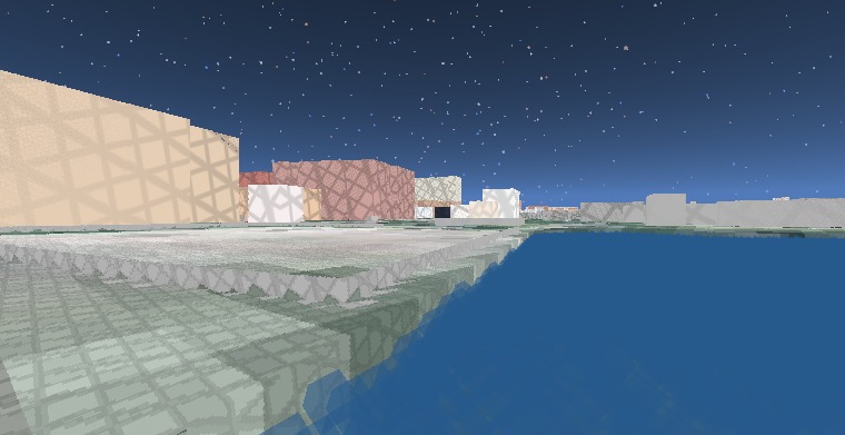 Voxel water on the Charleston waterfront — translucent blue voxel water fills the basin carved from the OpenStreetMap water polygon.