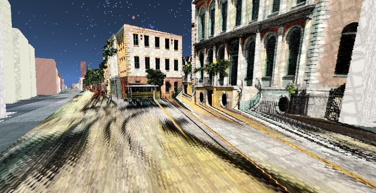 Photo projected onto the Charleston County Courthouse — a real photograph projected across the 3D voxel geometry.