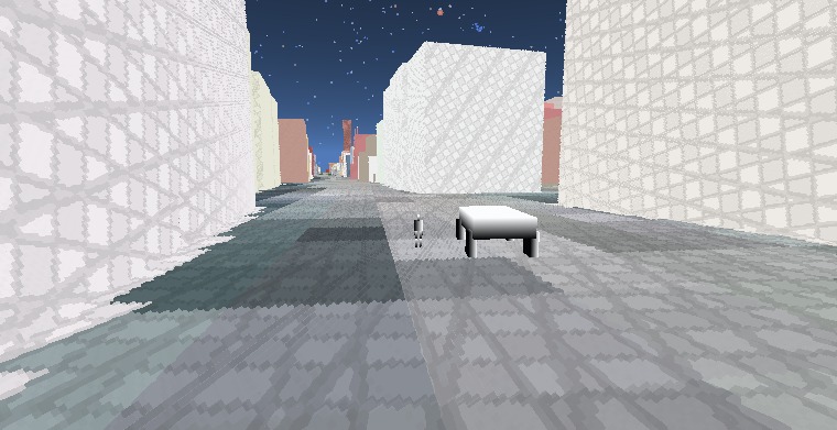 Charleston street level, character mode — near-field OpenStreetMap buildings rendered as chunk voxels at ground scale.
