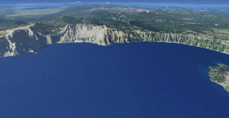 Crater Lake caldera — An aerial free-camera view over Crater Lake, Oregon.