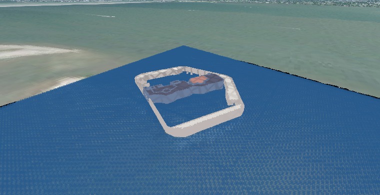 Fort Sumter in Charleston Harbor — its pentagonal walls rendered from OpenStreetMap footprints amid the harbor water.